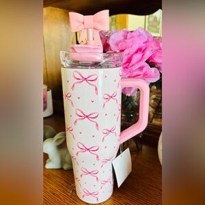 Pink Bows & Hearts Stainless Steel Tumbler- with Bow Straw Topper! 40oz NWT